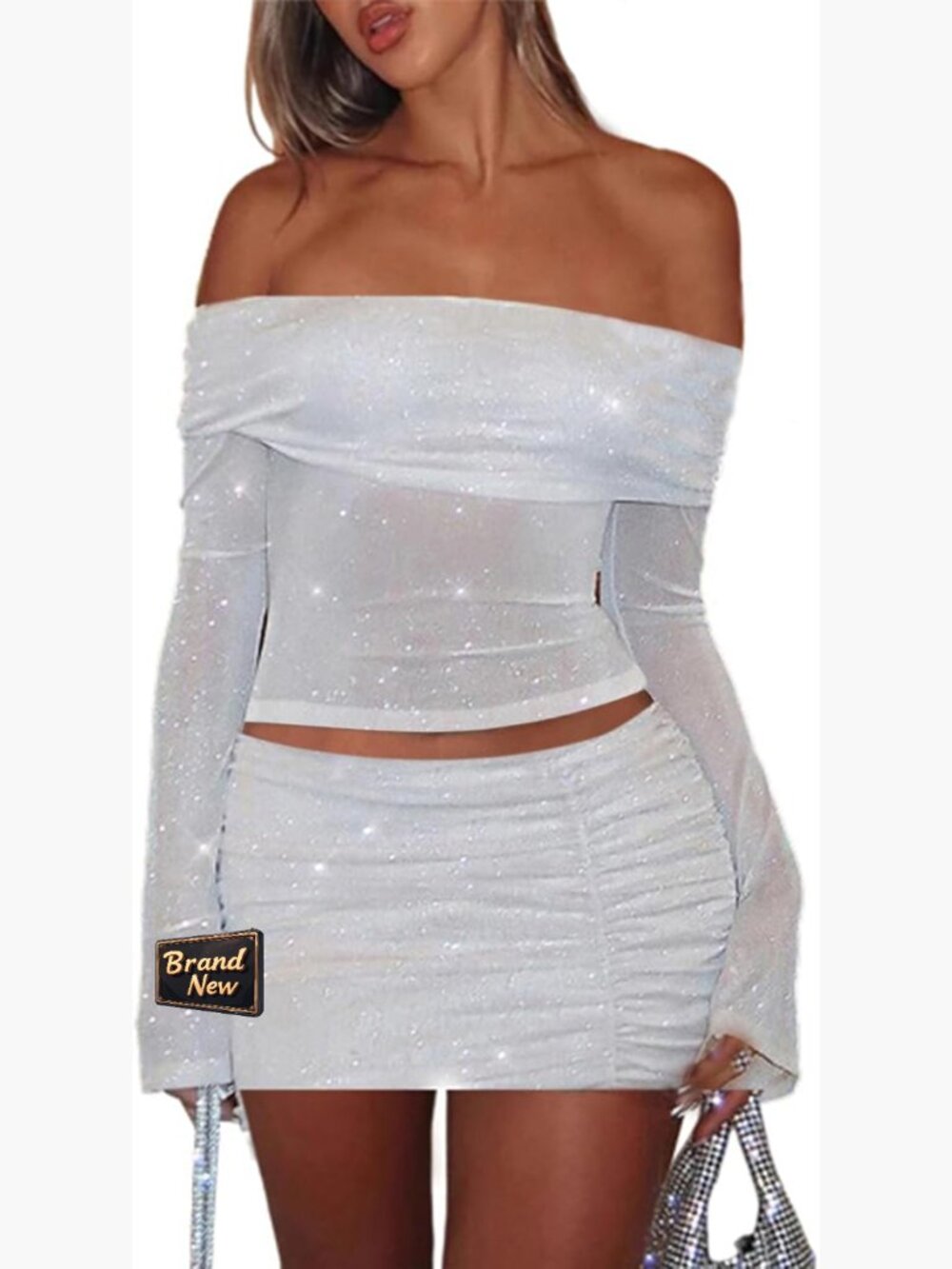 Two Piece Mesh Off Shoulder Crop Top Bodycon Skirt Set Y2k Going Out